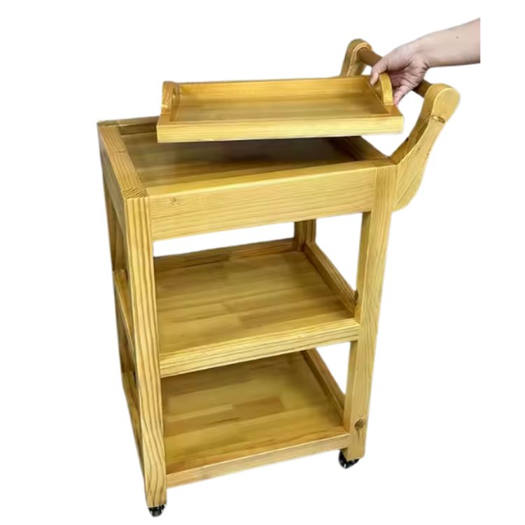 Drewniany wózek / regał kosmetyczny-fryzjerski z otwartymi półkami i kółkami