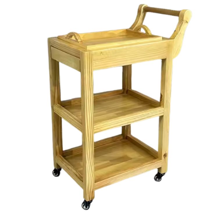 Drewniany wózek / regał kosmetyczny-fryzjerski z otwartymi półkami i kółkami